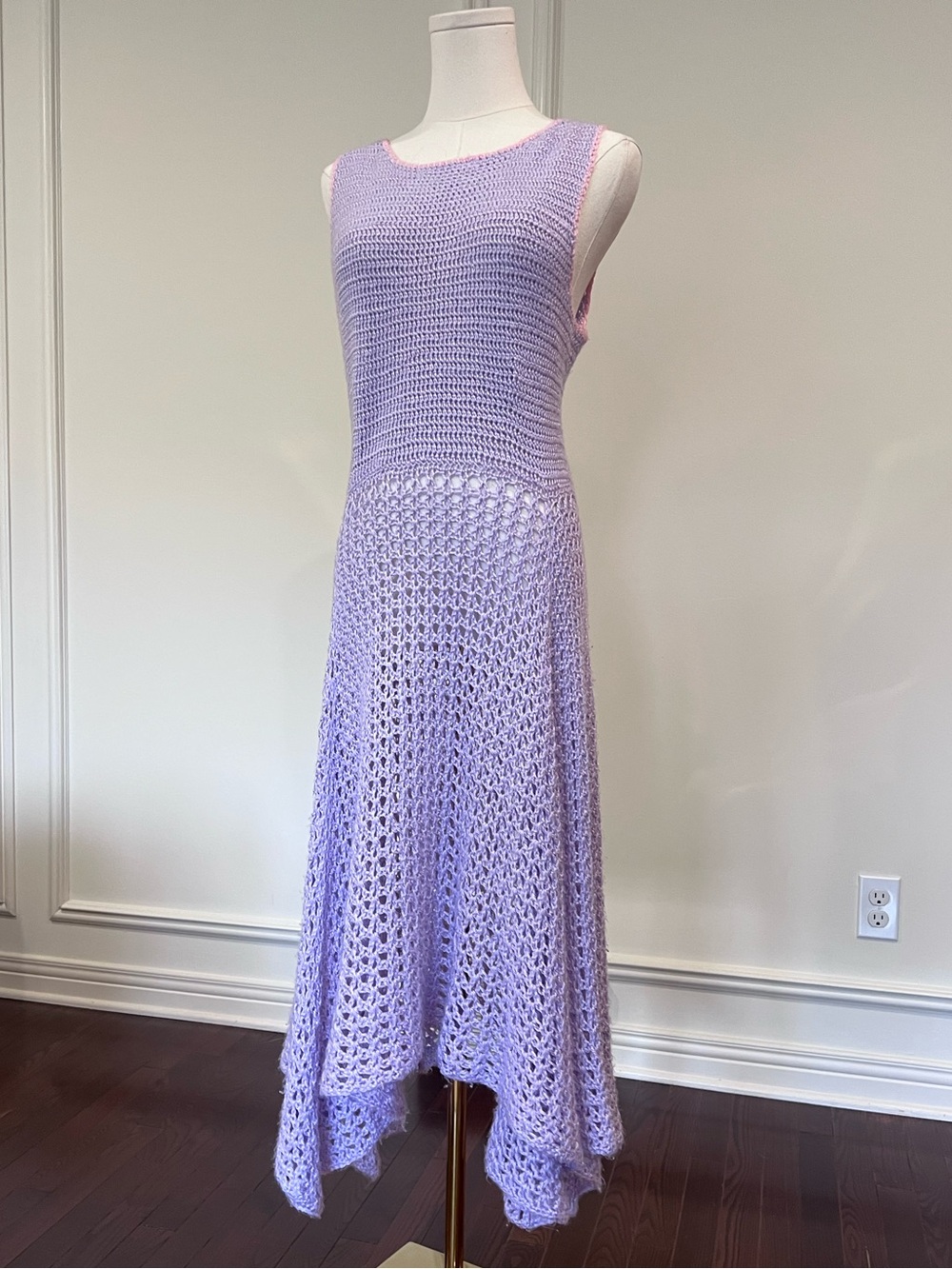 Vintage Lavender Crochet Handkerchief Hem Maxi Dress Sleeveless Lilac Medium